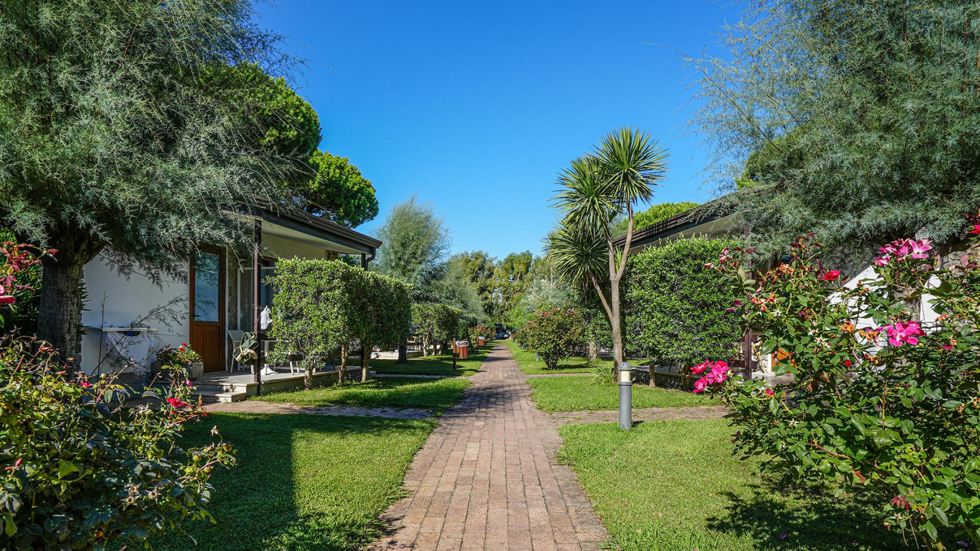 Vialetto tra bungalow immersi nel verde con fiori e cielo azzurro.