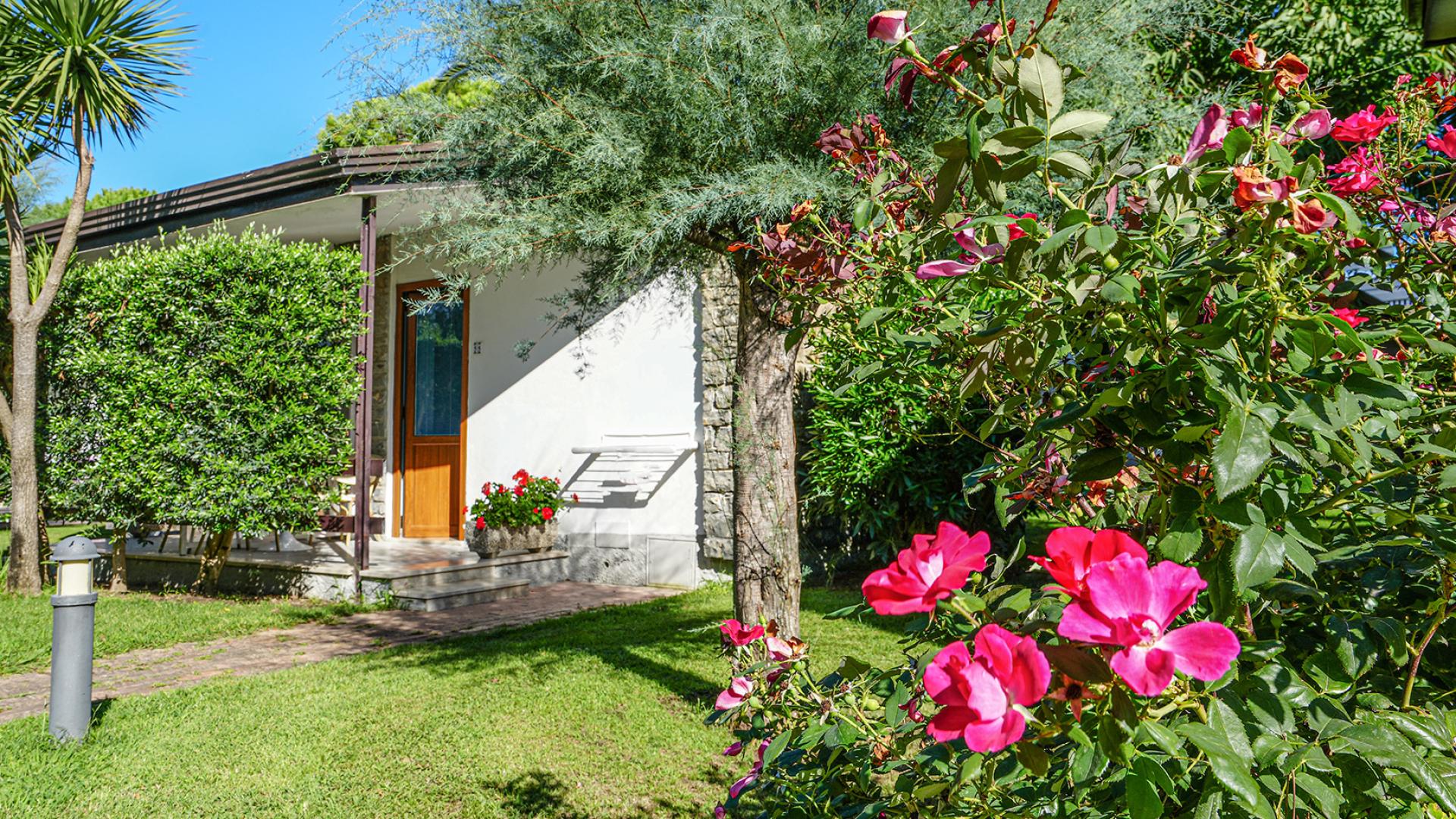 Giardino con fiori rosa e casa bianca, circondato da alberi e verde.