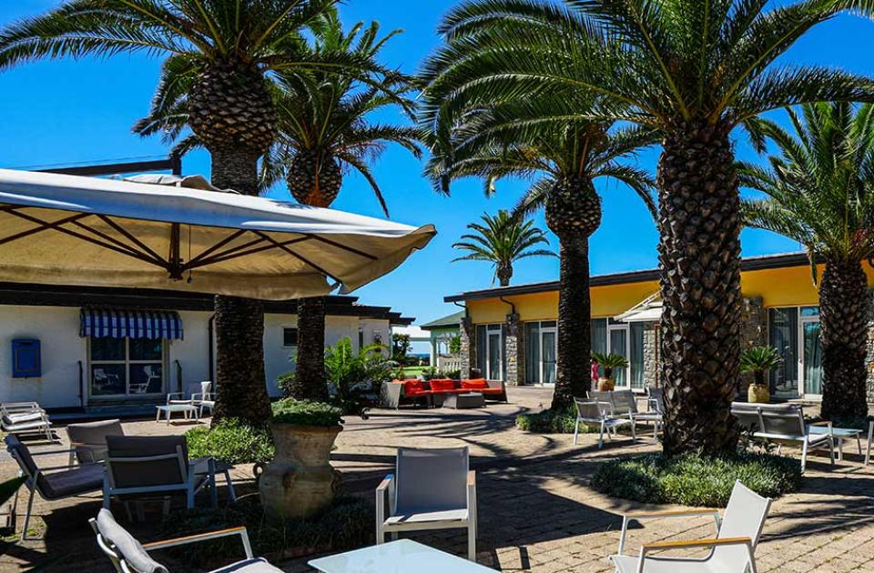 Cortile soleggiato con palme, sedie bianche e edificio in pietra con vetrate.